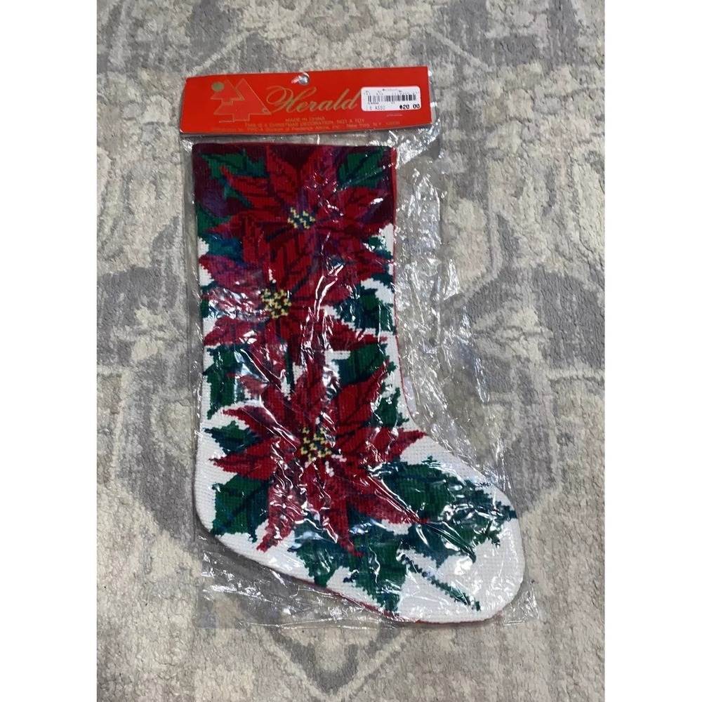 New Herald Christmas Stocking‎ Red Poinsettia Fabric Vintage